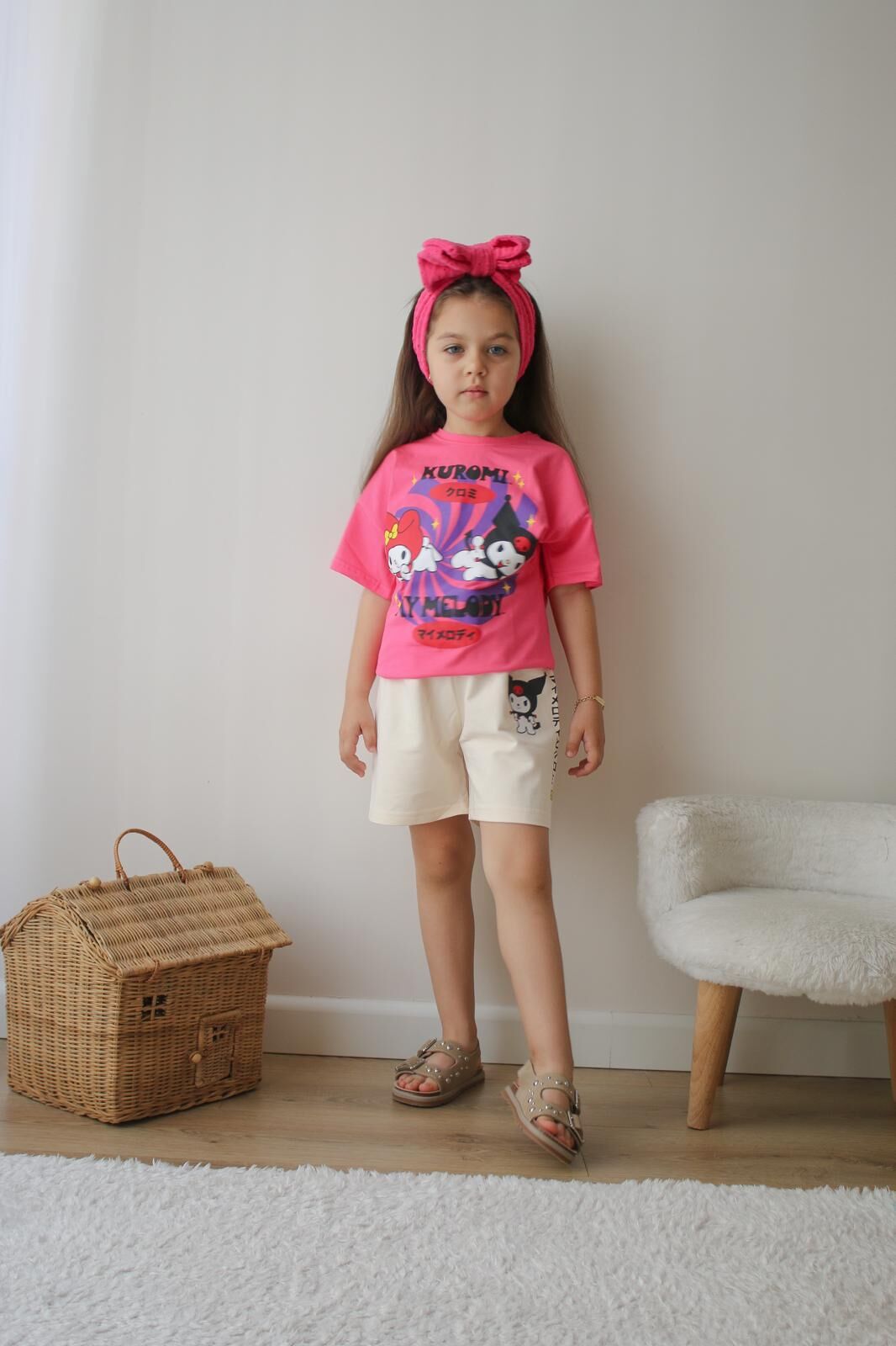Kuromi Baskılı Pembe Kız Çocuk Şortlu Takım