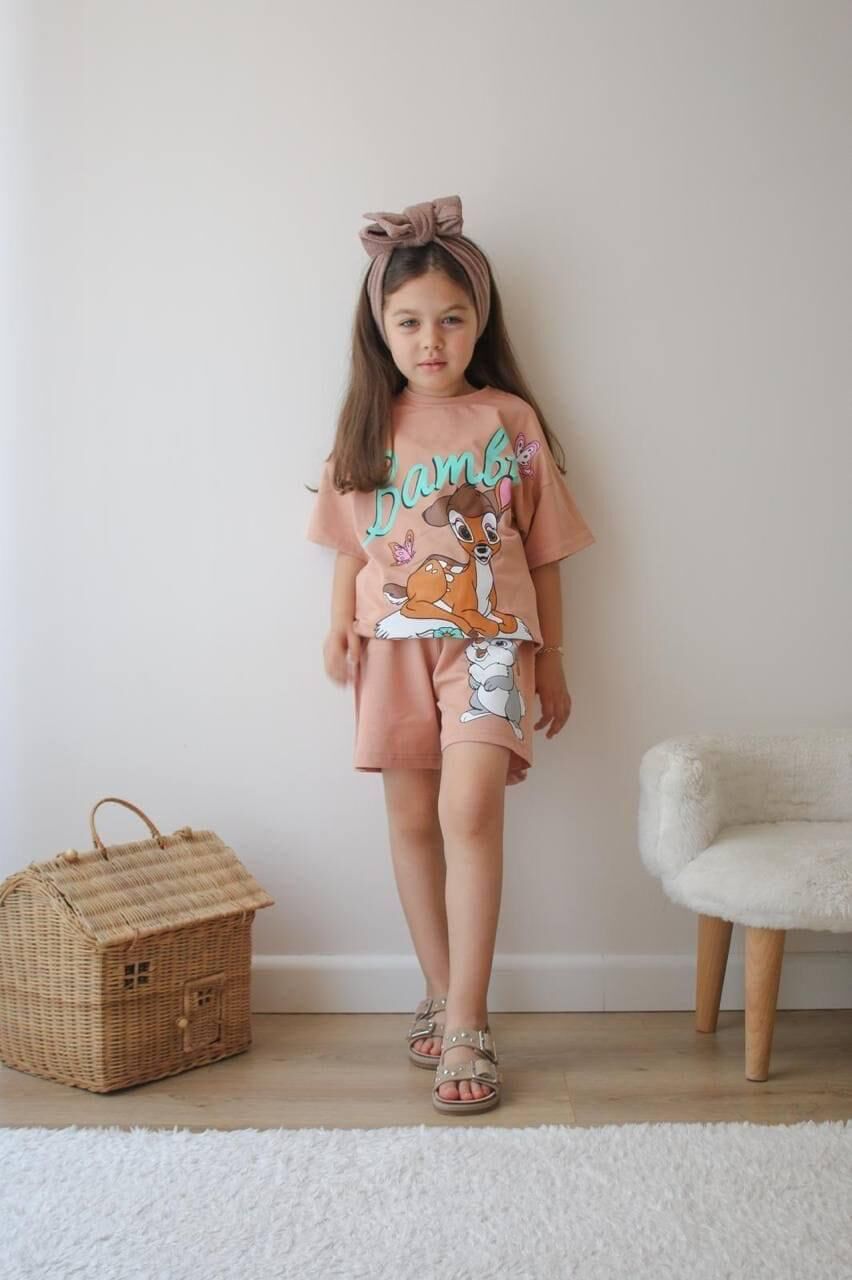 Bambi Baskılı Kız Şortlu Takım