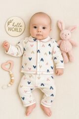 Renkli Kalpler Baskılı Raporlu Kumaş Bebek Pijama Takımı