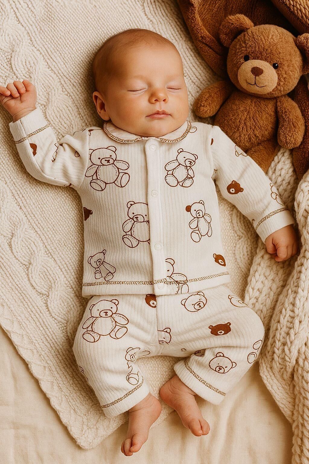 Ayıcık Baskılı Raporlu Kumaş Bebek Takımları