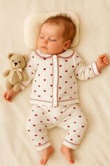 Minik Kalp Baskılı Raporlu Kumaş Bebek Pijama Takımı