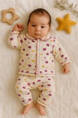 Minik Ayıcıklı Baskılı Raporlu Kumaş Pijama Takımı