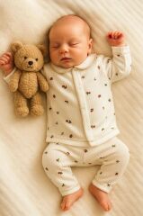 Çiçek Baskılı Raporlu Kumaş Bebek Pijama Takımı