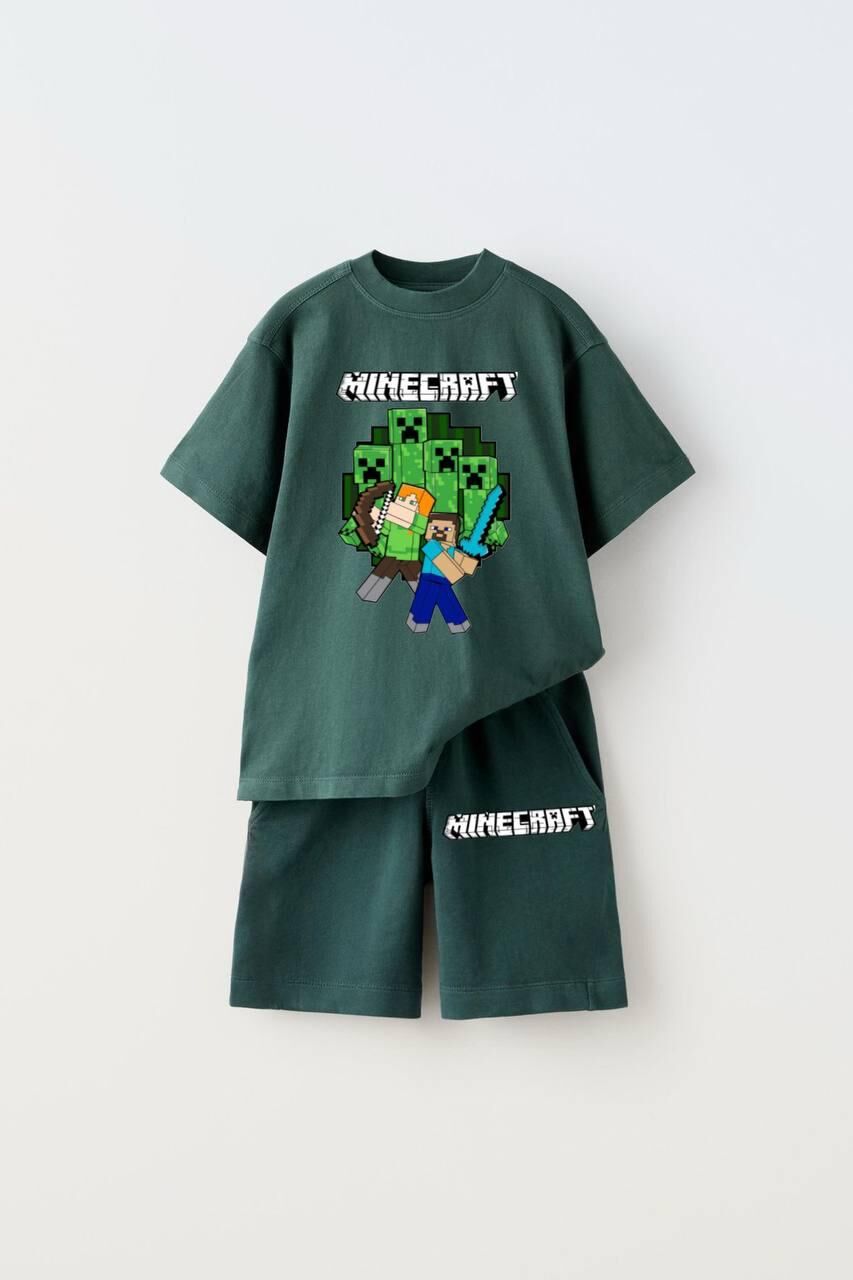 Minecraft Baskılı Erkek Çocuk Şortlu Takım - Yeşil