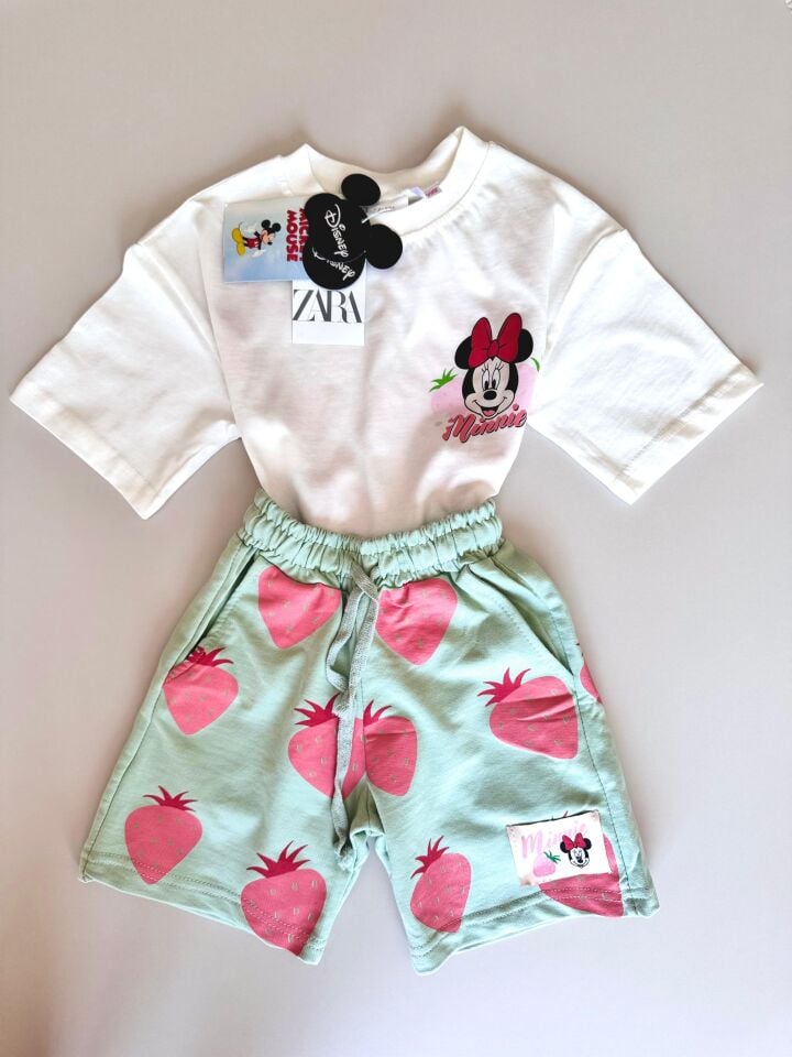 Minnie Mouse ve Çilek Desenli Kız Çocuk Şortlu Takım