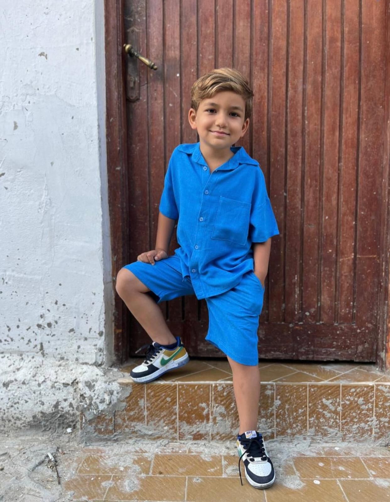 Mavi Müslin Keten Cepli Yazlık Kumaş Erkek Şortlu Takım