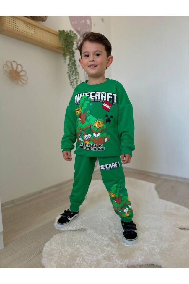 Minecraft Baskılı 3 İplik Erkek Çocuk Eşofman Takımı İkili Takım