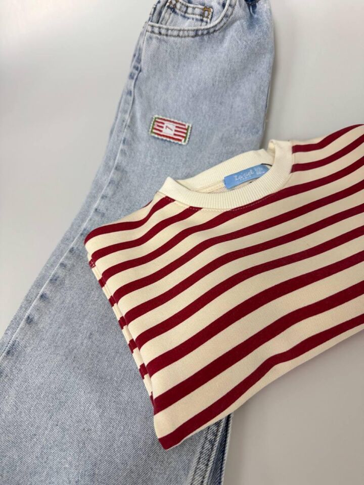 Kırmızı Çizgili Uzun Kol Sweatshirt Erkek Çocuk