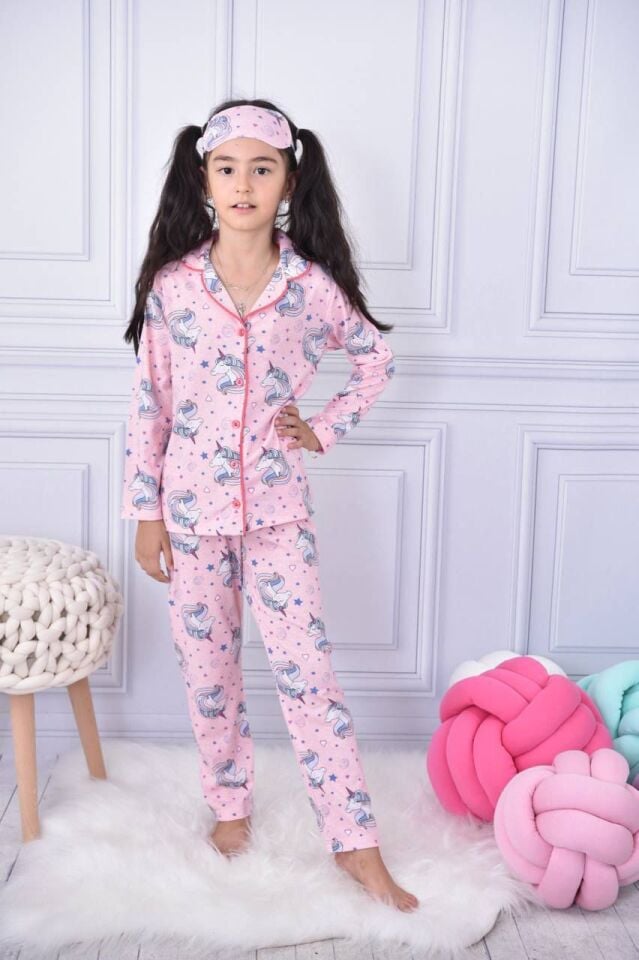 Unicorn Baskılı Kız Çocuk Bandanalı Pijama Takımı
