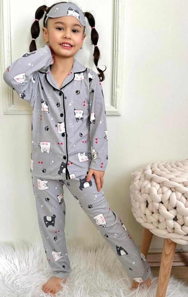 Kedili Kız Çocuk Bandanalı Pijama Takımı