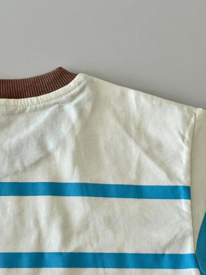 Çizgili Cep Detaylı Tişört Yırtık Detaylı Denim Kot Erkek Çocuk Kombin Şortlu Takım
