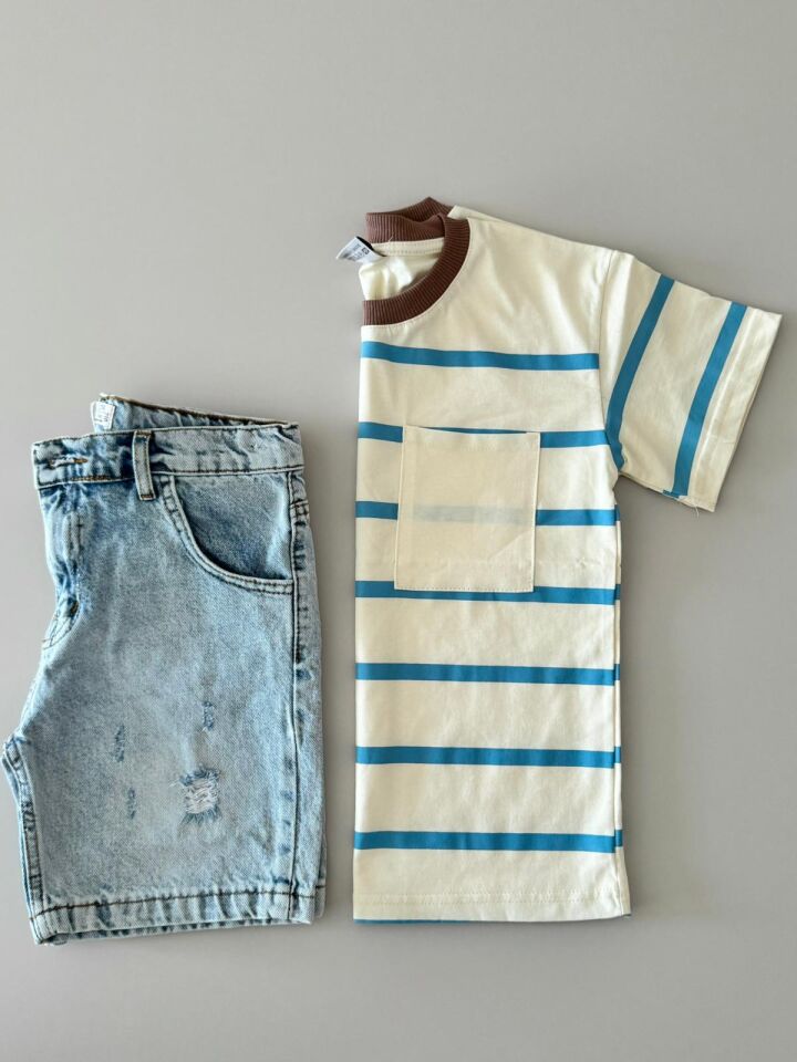 Çizgili Cep Detaylı Tişört Yırtık Detaylı Denim Kot Erkek Çocuk Kombin Şortlu Takım