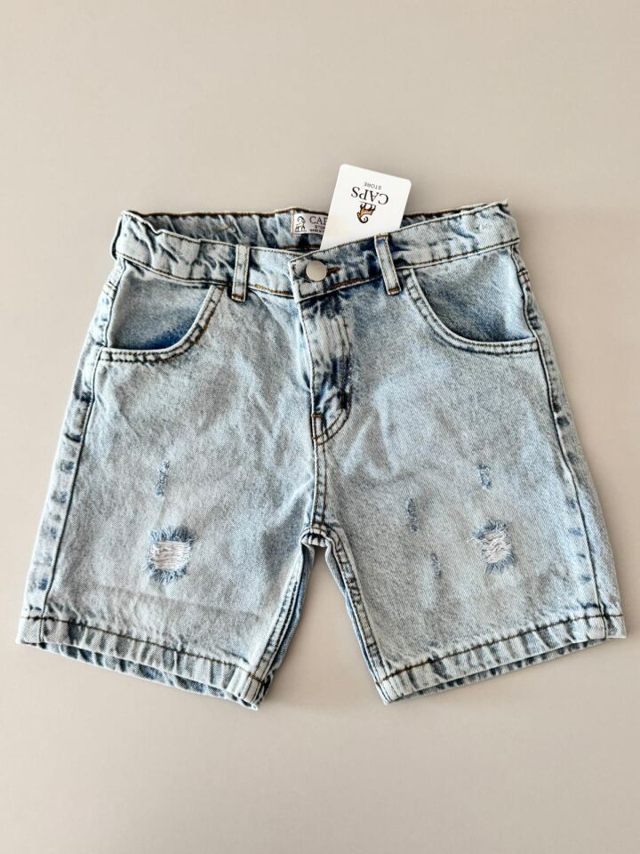 Çizgili Cep Detaylı Tişört Yırtık Detaylı Denim Kot Erkek Çocuk Kombin Şortlu Takım